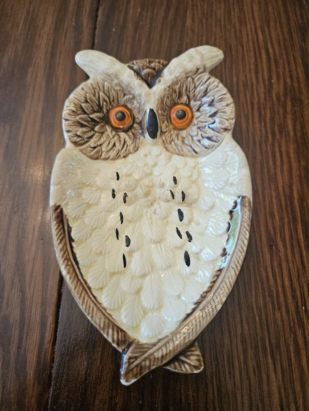 VTG Enesco Ceramic OWL Jewelry Trinket Ring Dish 6" X 3.5" Japan Small Chip 1982